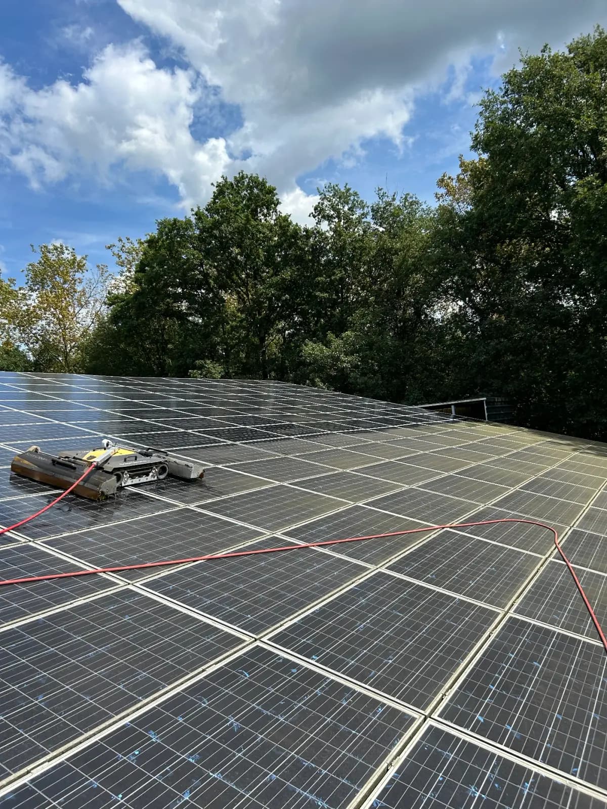 Reinigungsroboter von Solarco im Einsatz auf einem Dach mit Solarmodulen zwischen Bäumen