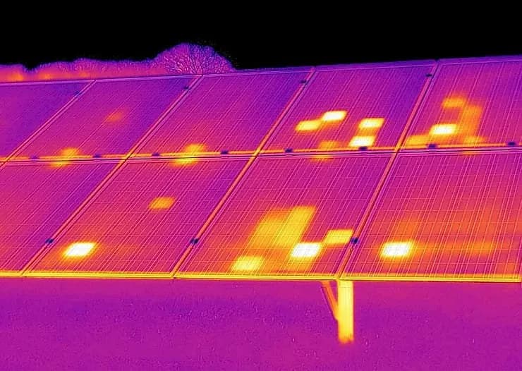 Warmtebeeld van zonnepanelen met warme plekken (hotspots)