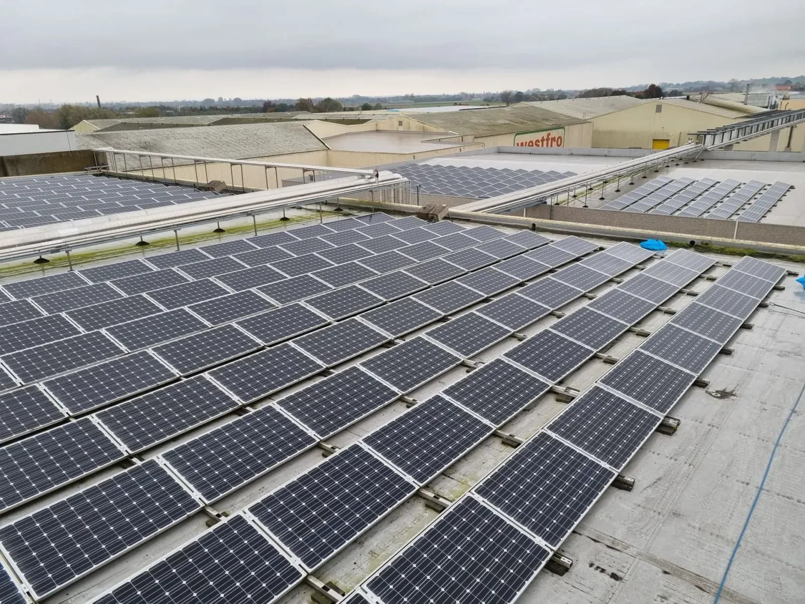 Große Photovoltaikanlage auf dem Dach eines Gewerbegebäudes